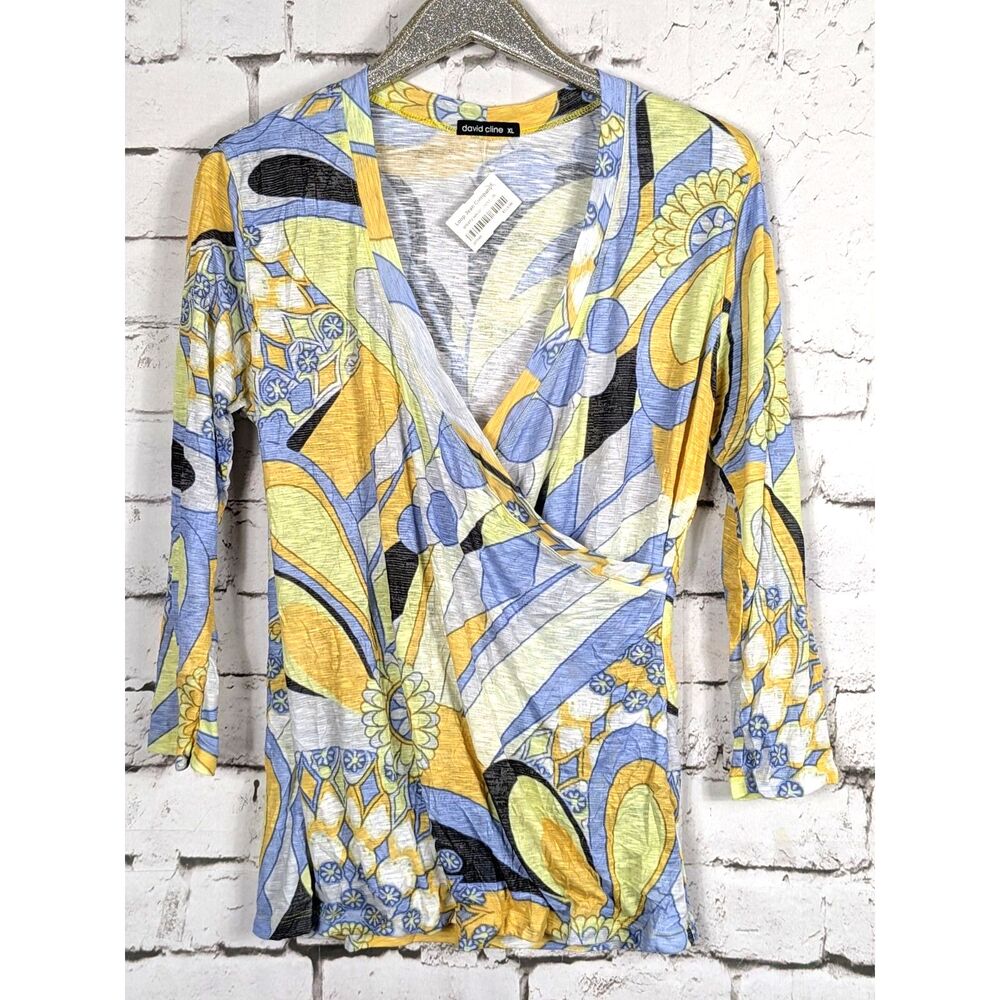 DAVID CLINE Signature Crinkle-Knit Wrap Top in Zest Artsy Collectible XL New